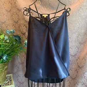 Lily White High-Low Tank Top Cami Cross Front Racer Back Semi-Sheer Dark Navy